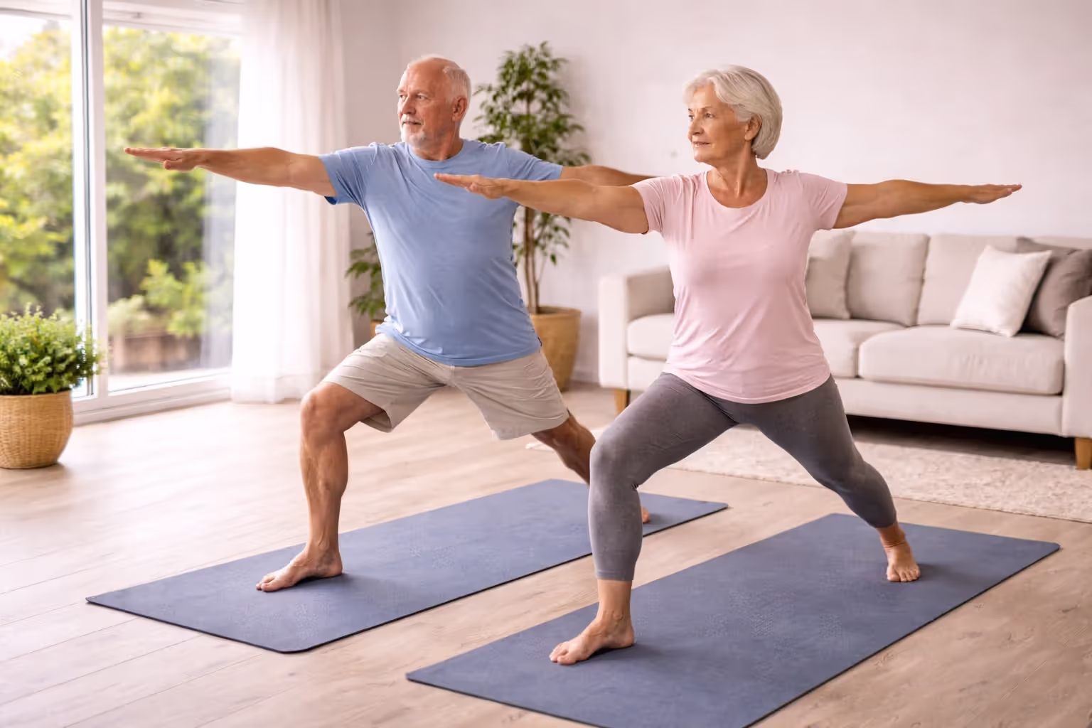 Senior practicing a gentle balance yoga pose at home in a bright living space