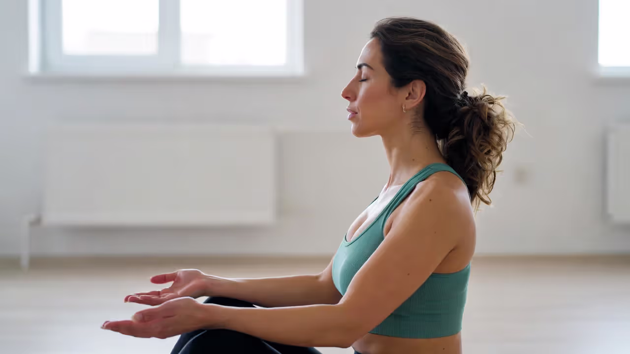 Person practicing mindful breathing in seated yoga posture indoors