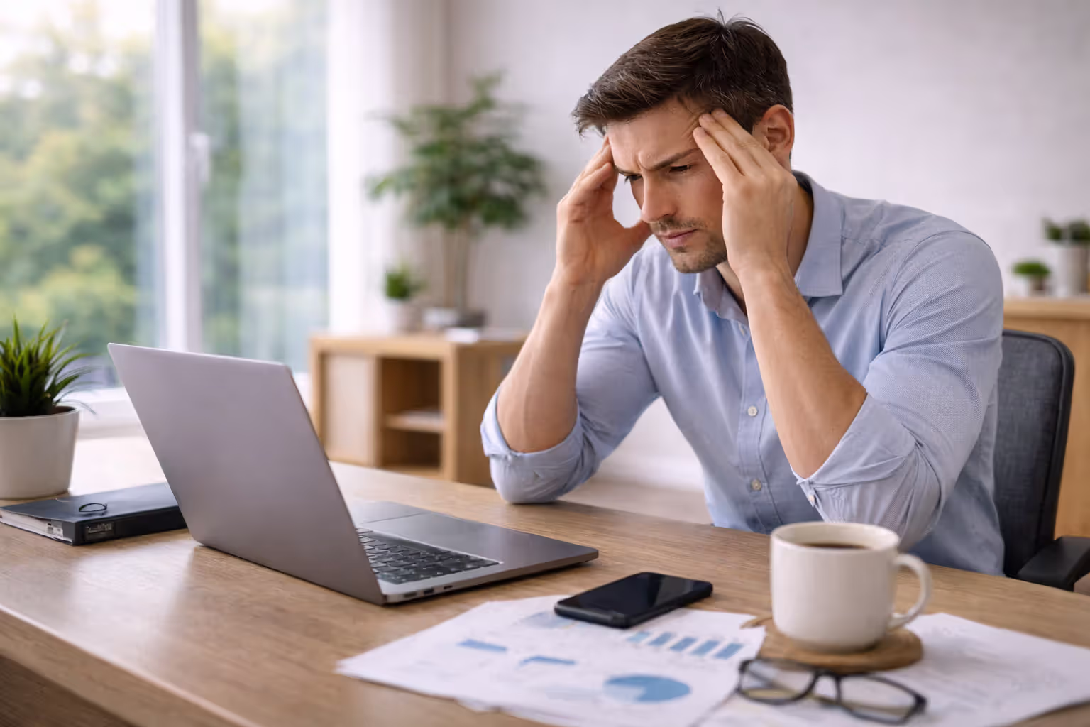 Stressed office worker at a desk with a laptop, phone, and paperwork, holding their temples
