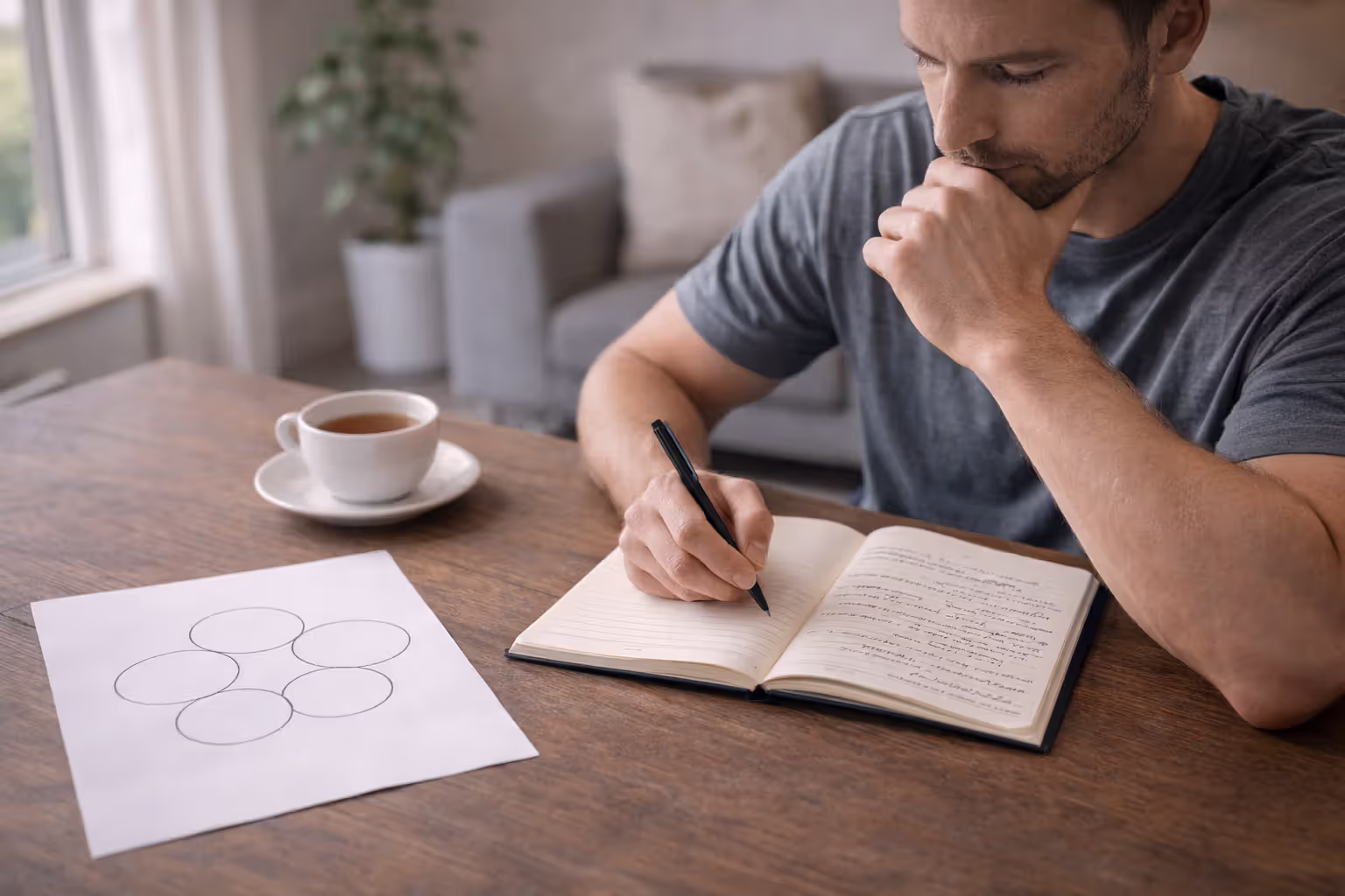Adult journaling at a table with a simple five-trait diagram, reflecting on personality before choosing a retreat
