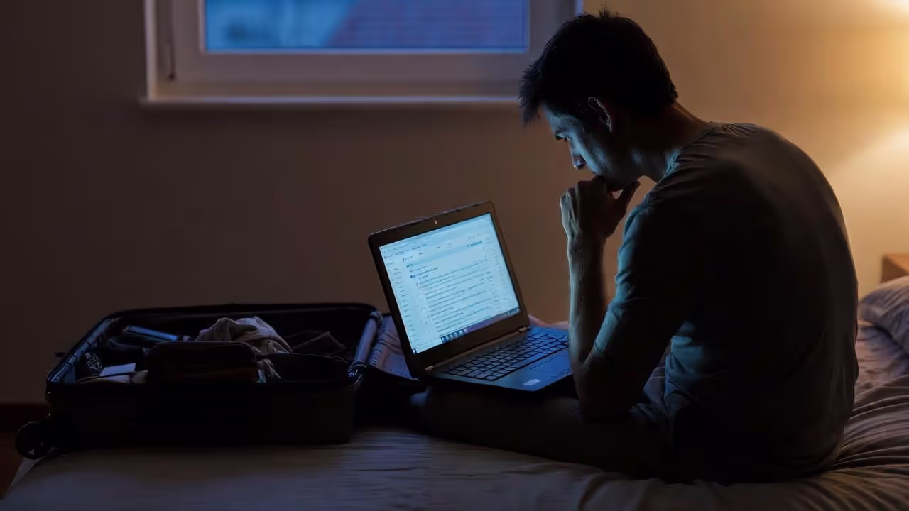Tired traveler sitting on hotel bed with open suitcase and laptop after vacation