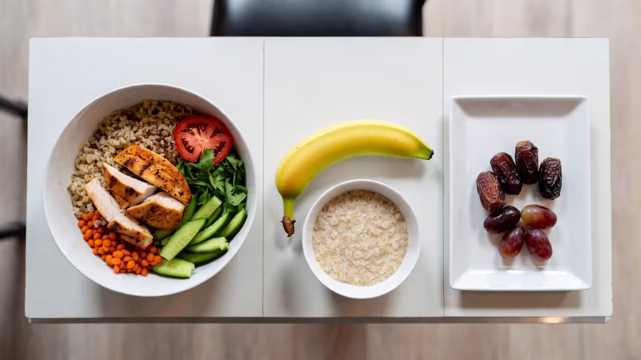 Comparison of a full meal, light snack, and small fruit portions for different pre-yoga timing windows.