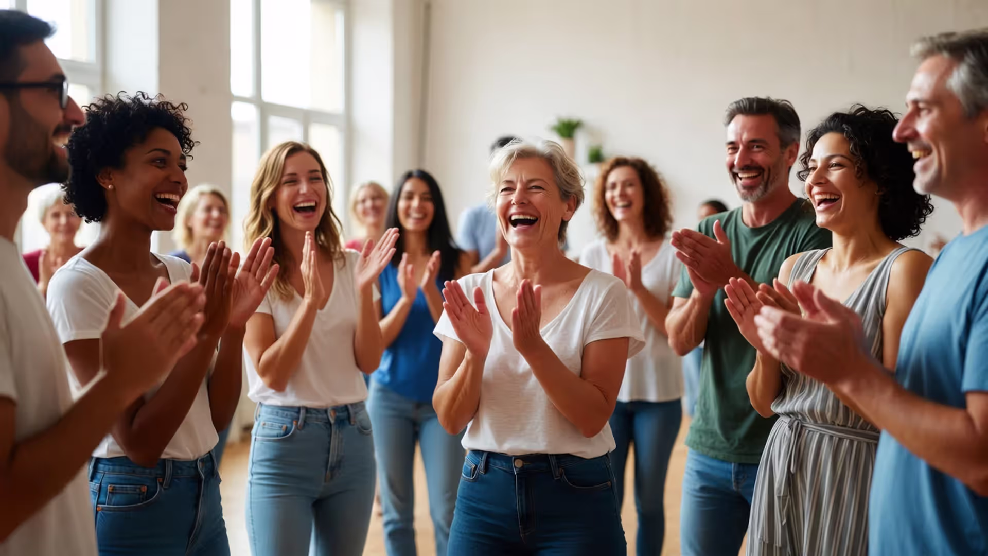 Group of adults standing in a circle, clapping and laughing during a laughter yoga session