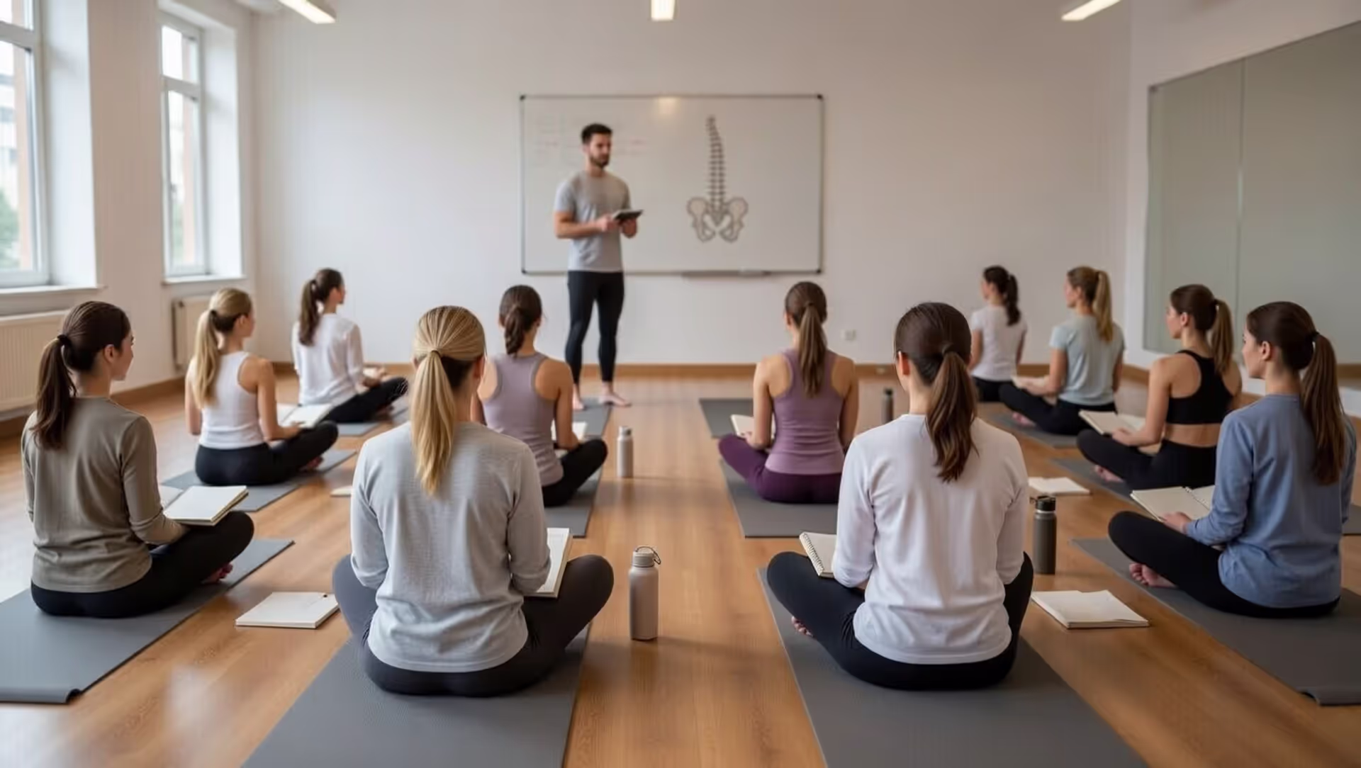 Yoga teacher training class with instructor teaching anatomy to seated trainees in a studio.