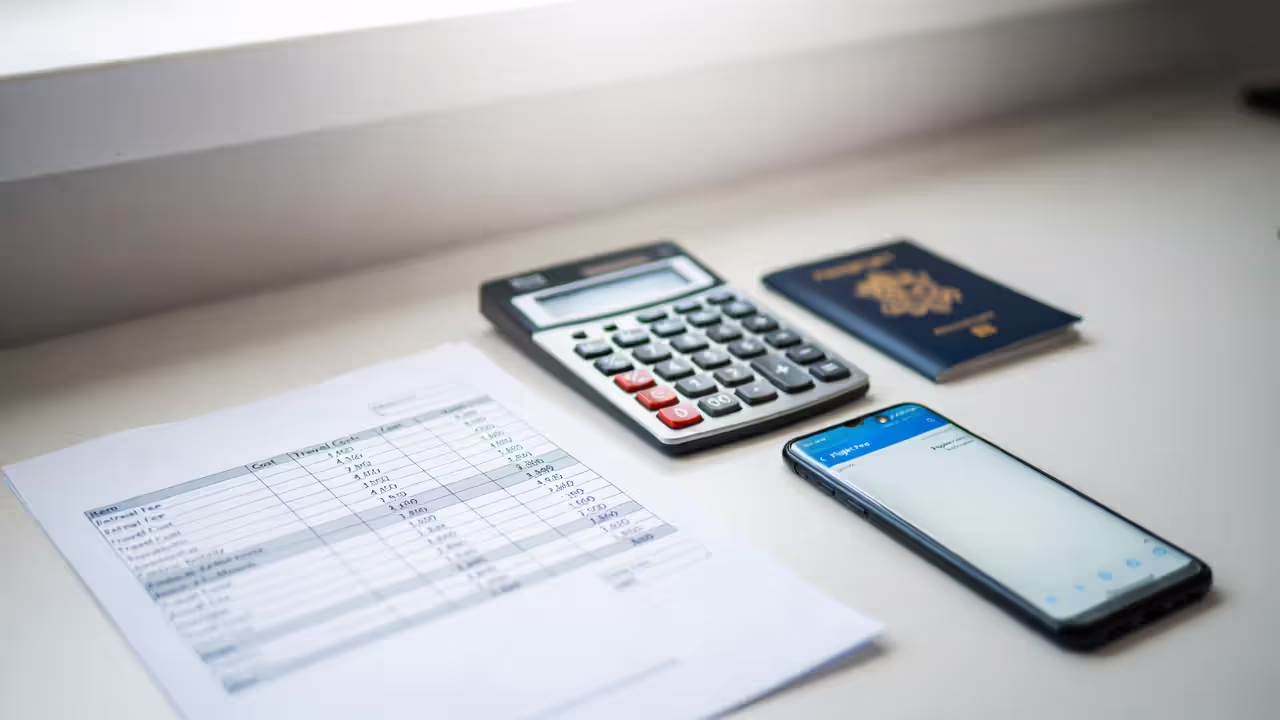 Passport, calculator, and cost comparison sheet used to budget a yoga retreat with travel expenses.