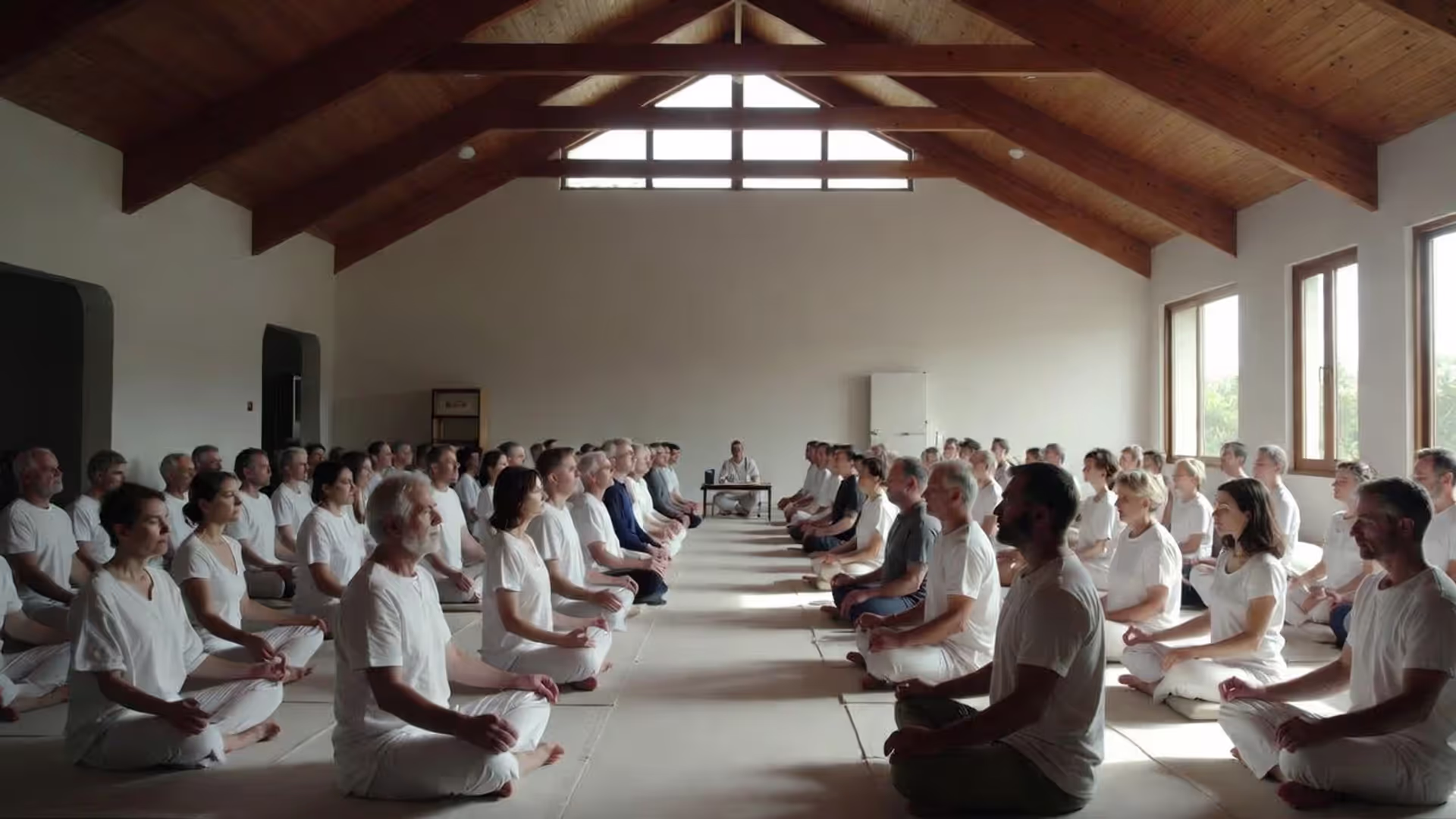 Group meditation session with partner rows facing each other in a hall, many wearing white.