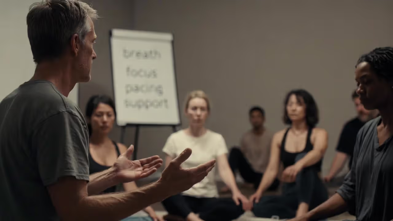 Small guided meditation group with an instructor discussing safe practice and pacing.