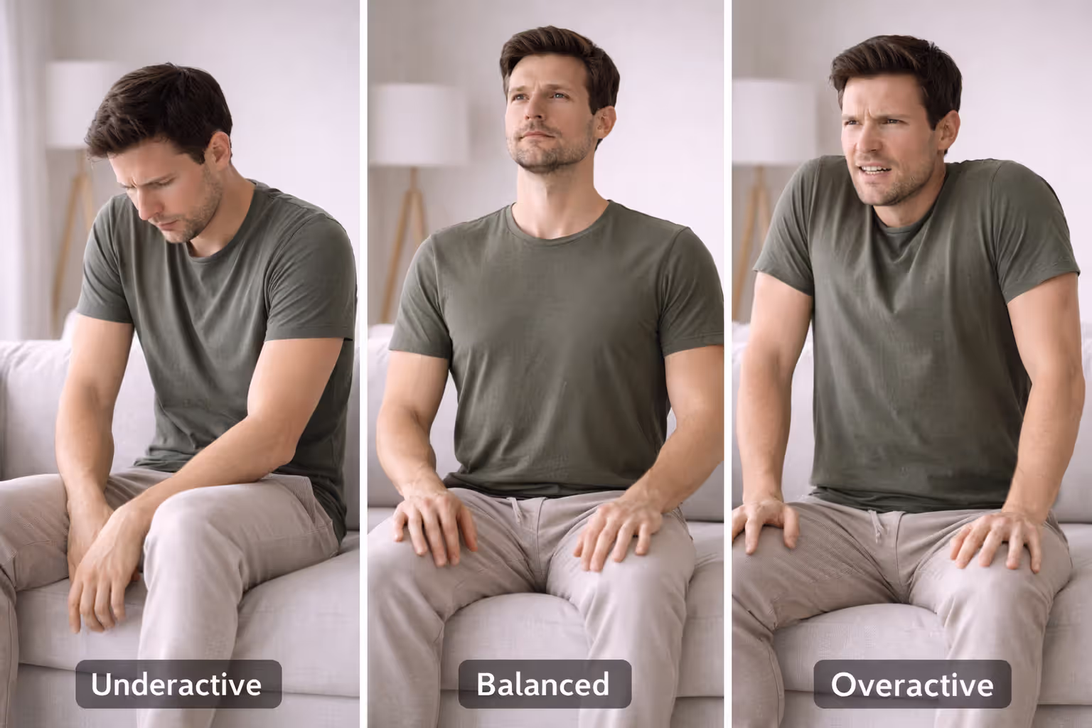 Triptych showing underactive, balanced, and overactive chest posture