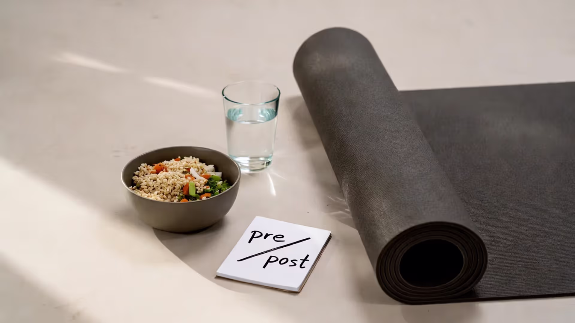 Yoga mat next to a balanced bowl meal and water, showing yoga and nutrition together.